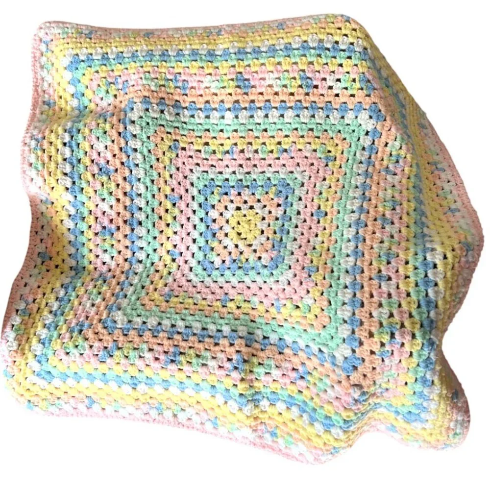 Handmade Pastel Rainbow Crocheted Baby Blanket / Lap Throw – 31"x33" - Picture 2 of 10
